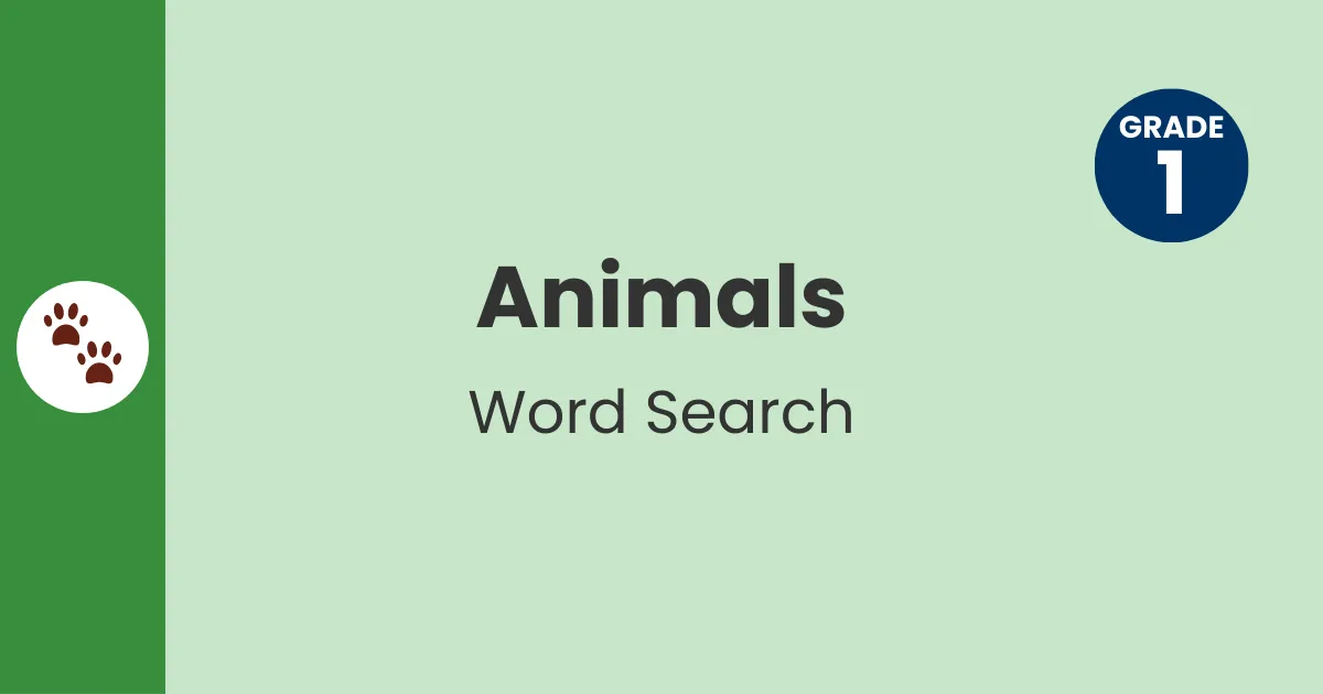 Header with paw icon for Grade 1 animals word search