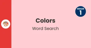 Header with palette icon for Grade 1 colors word search