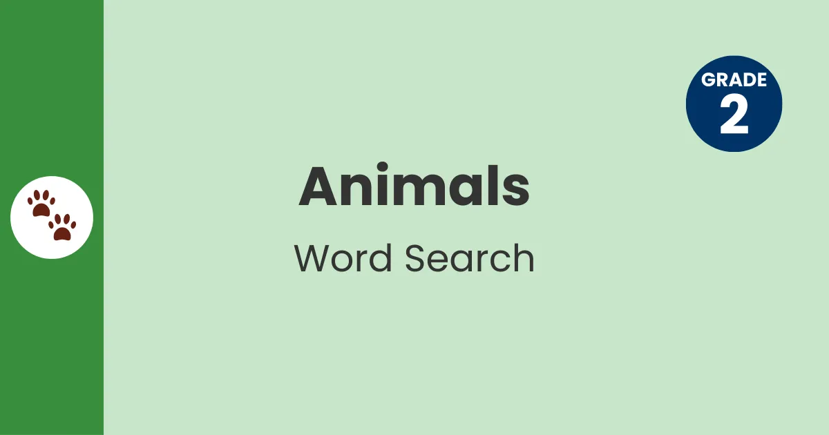 Header with paw icon for Grade 2 animals word search