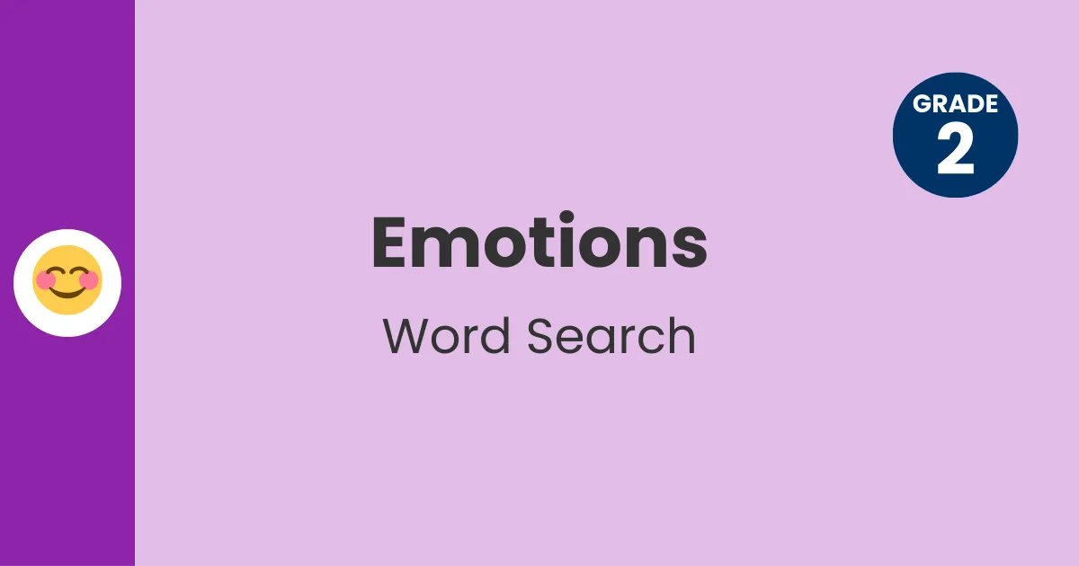 Header with smiley icon for Grade 2 emotions word search