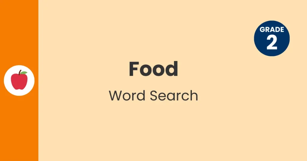 Header with apple icon for Grade 2 food word search