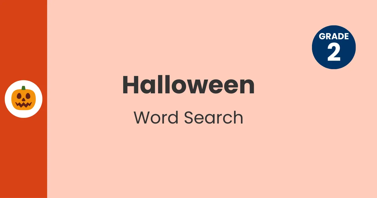 Header with pumpkin icon for Grade 2 halloween word search