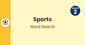 Header with ball icon for Grade 2 sports word search