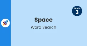 Header with rocket icon for Grade 3 space word search