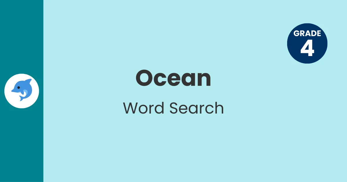 Header with dolphin icon for Grade 4 ocean word search